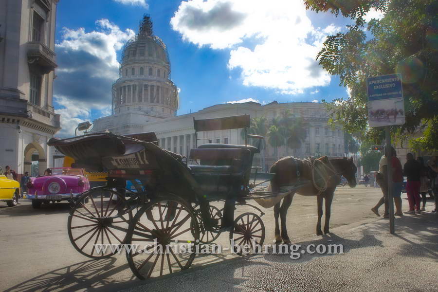 Droschke und US-Oldtimer am Parque Central mit Blick auf das Capitol, la habana vieja, Havanna, Cuba, 28.01.2015 [(c) Christian Behring, www.christian-behring.com]