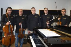 Massimo Guidetti (Pianist), Pierluigi Ruggiero (Cellist und Künstlerischer Leiter), Sebestyen Sztathatosz (Geiger), Zoltan Banfalvi (Geiger), Peter Barsony (Bratschist), "Ensemble SineQuaNon Berlin", Probe zum Konzert am 15.06.2025 im Konzerthaus Am Gendarmenmarkt, Music Academy, Berlin, 13.06.2025